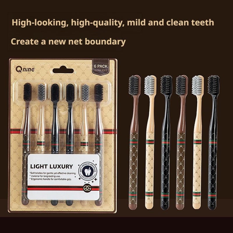 6-pack of high-quality, wide-head toothbrushes with fine, soft bristles for adults, home use, travel, and couples.